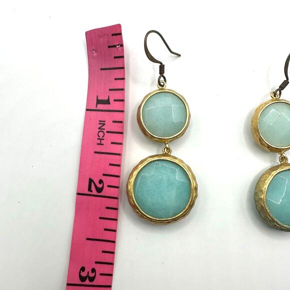 Unbranded Pierced Earrings Teal Green Gold Faceted Drop Dangle Summer Round - Picture 5 of 7